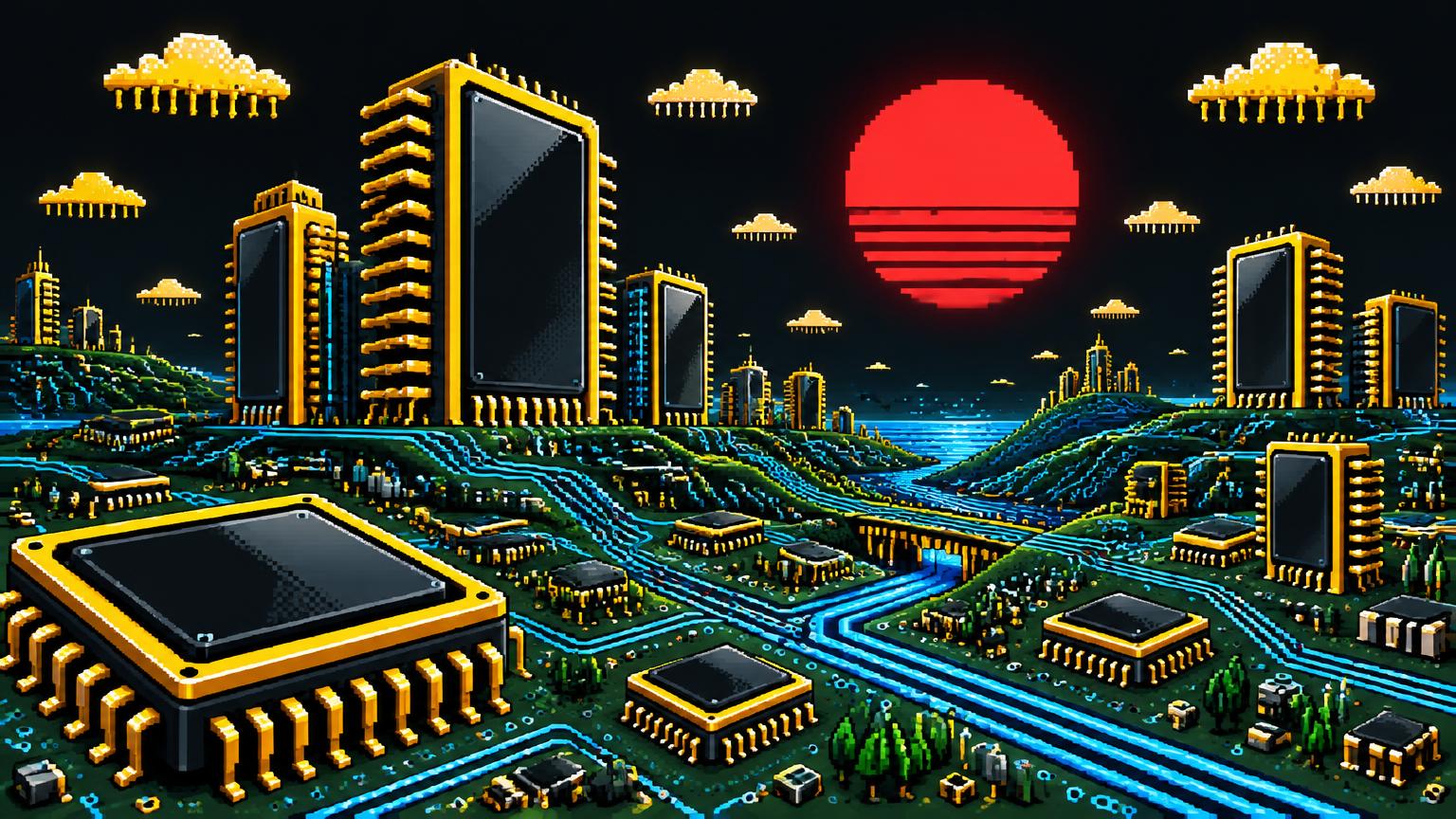Chip city: giant microchips rising over circuit-board hills under a red pixel sun